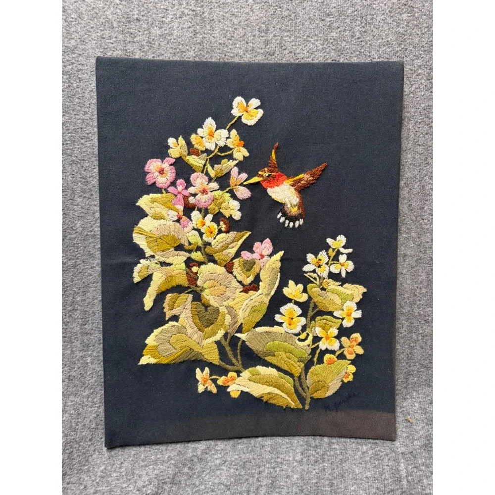Vintage Crewel Embroidery Hummingbird Floral Wall Art Hand Stitched Textile